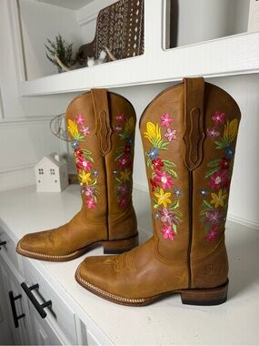 Alfa Womens 8.5 Brown Leather Floral Embroidered Cowboy Boots Mexico